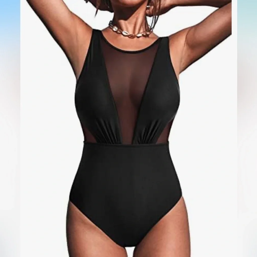 Athmile Black One-Piece Mesh, High-Cut, Tummy Control Swimsuit